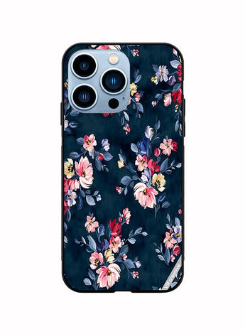 Protective Case Cover For Apple iPhone 13 Pro A Navy Floral Print With Brightly Coloured Pink And Yellow Flowers On It Design Multicolour