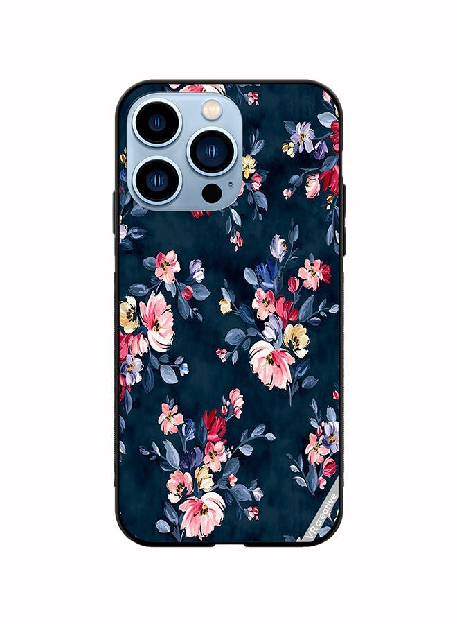 Protective Case Cover For Apple iPhone 13 Pro A Navy Floral Print With Brightly Coloured Pink And Yellow Flowers On It Design Multicolour