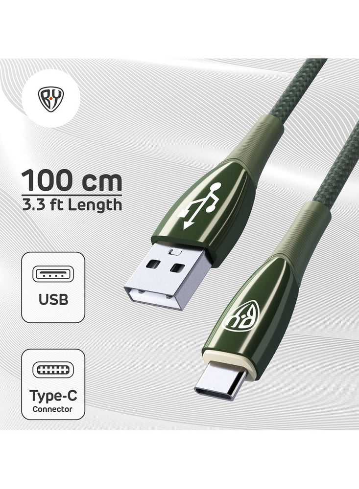 USB C Cable 1M 3A Fast Charging Cable QC3.0 Type C USB Data Transfer Metal Glossy Plug with LED and Strong Cevlar Braid Green Colour