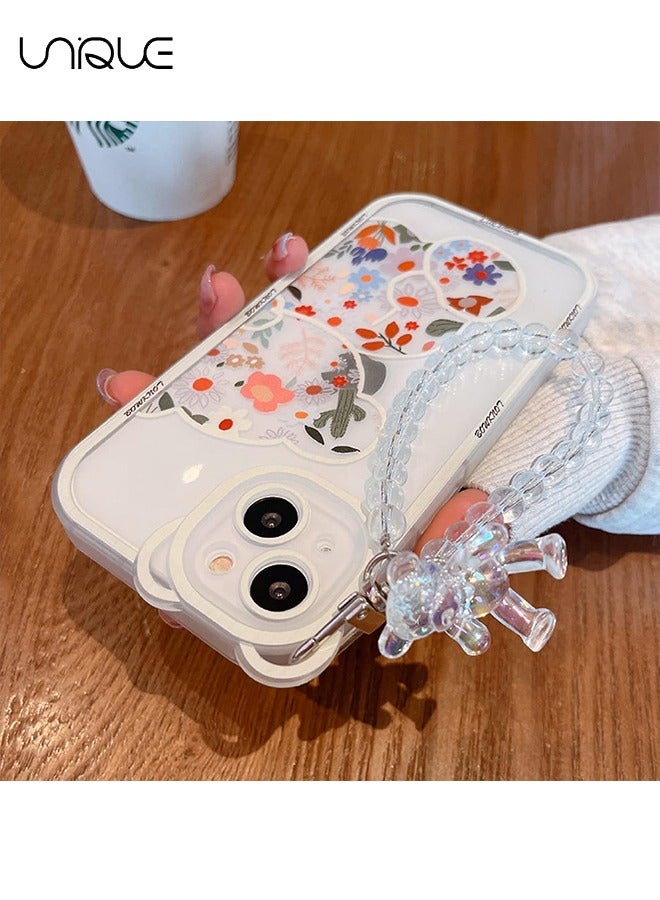 Compatible with iPhone 15 Case, Cute Flowers Bear Camera Protector Clear Case Cover with Lovely Strap Bracelet Chain Girls Women Case for iPhone 15