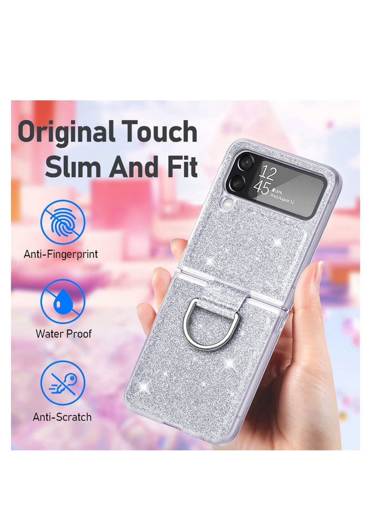 for Galaxy Z Flip 4 5G Case with Ring, Glitter Crystal Bling Sparkly Leather with Slim Fit Hard PC Bumper Protective Cases Cover for Samsung Galaxy Z Flip4 (Silver)