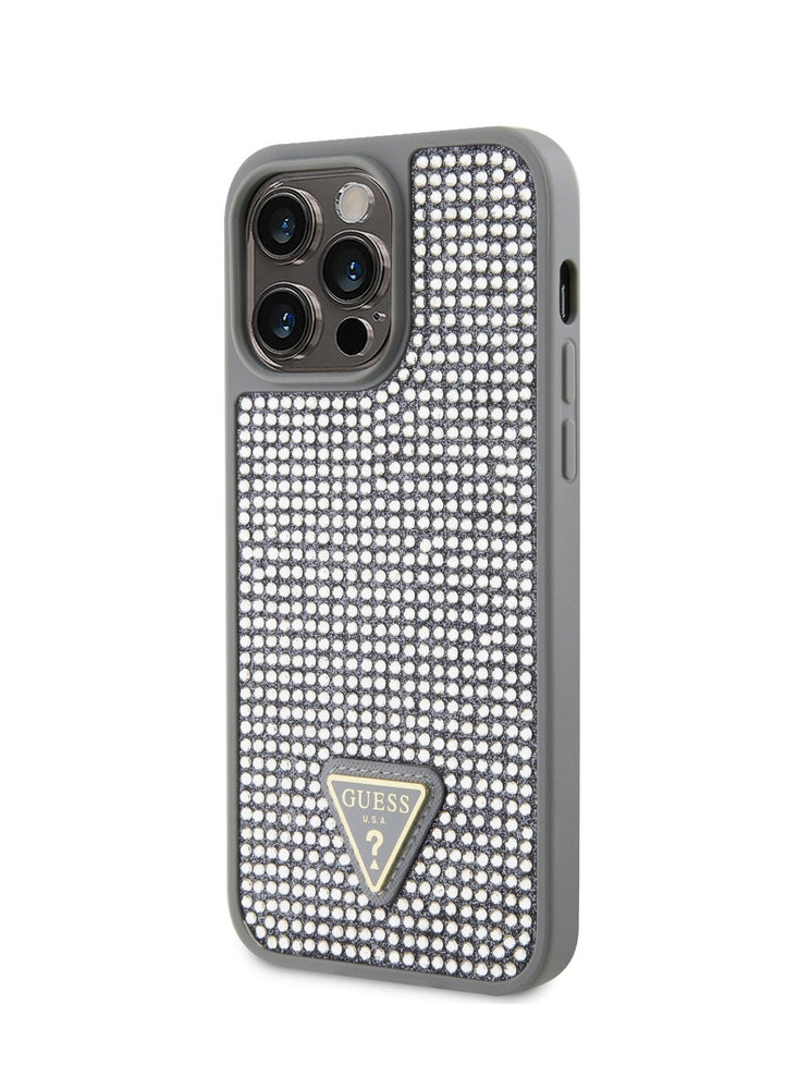 Guess Rhinestone Case with Triangle Logo for iPhone 15 Promax - Silver