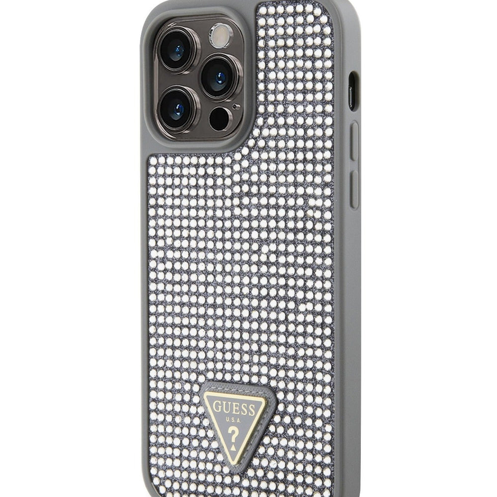 Guess Rhinestone Case with Triangle Logo for iPhone 15 Promax - Silver