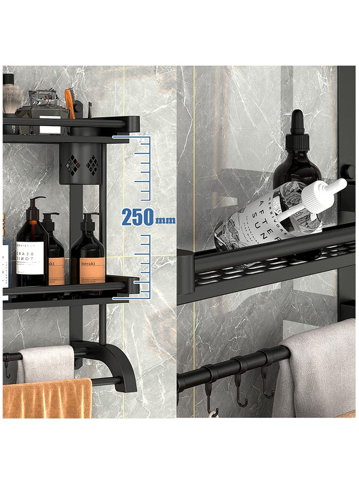 Shower shelf with towel bar with brush holder Bath accessories wall shelf Bathroom storage shelf 2 tier bath towel shelf Bathroom kitchen toilet storage shelf.