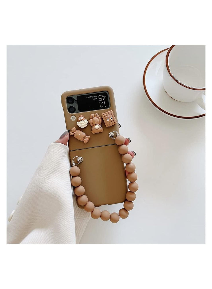 Samsung Galaxy Z Flip 4 Case, 3D Cute Candy Bear Toys Bracelet Phone Cases, Hard Cover Hand Chain Shell Wristband, Anti-Fall Protective Phone Cover, Brown