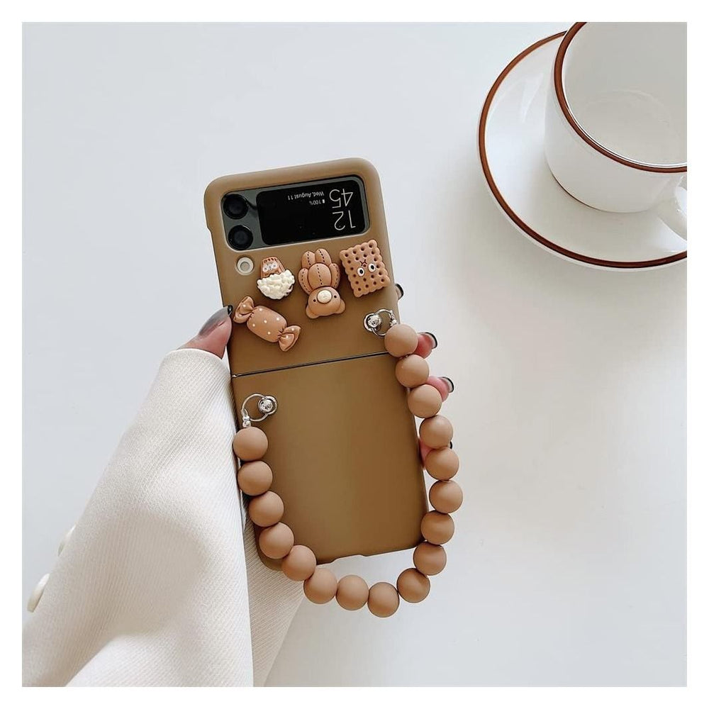 Samsung Galaxy Z Flip 4 Case, 3D Cute Candy Bear Toys Bracelet Phone Cases, Hard Cover Hand Chain Shell Wristband, Anti-Fall Protective Phone Cover, Brown