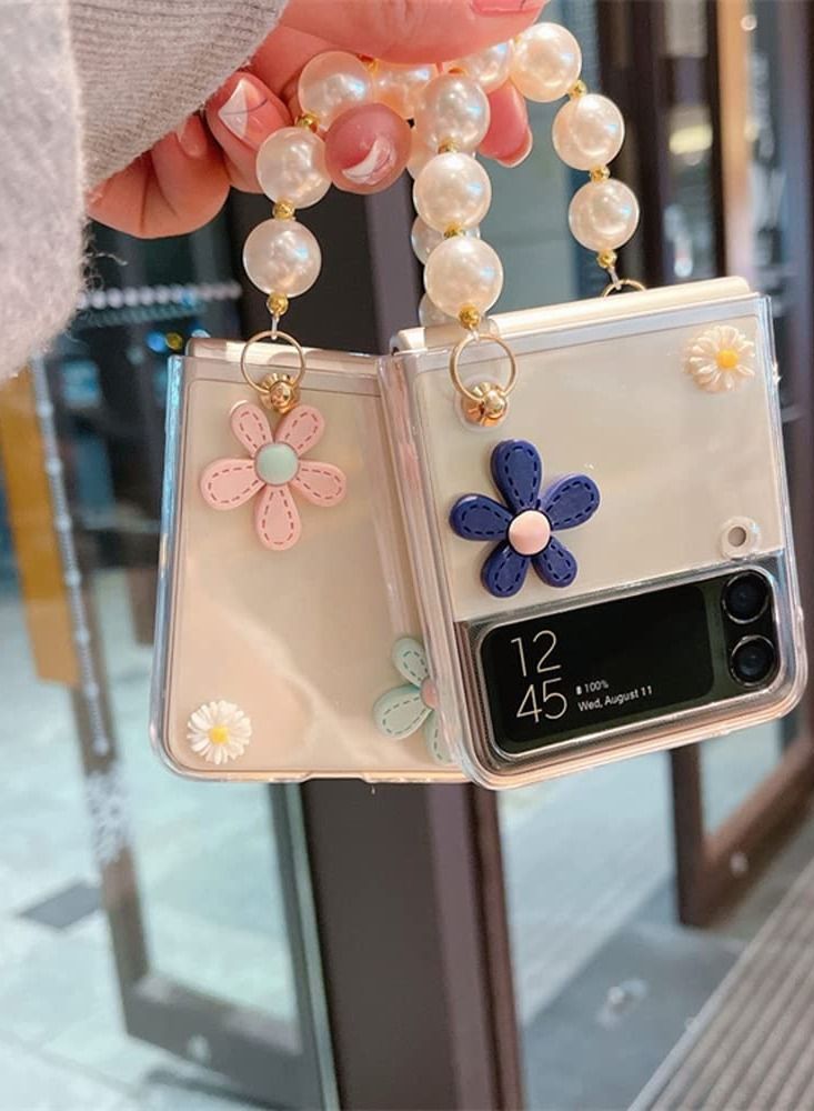 Cute Case for Samsung Galaxy Z Flip 4 with Strap, Fashion Flower Case for Galaxy Z Flip 4 5G Protective Girls Case with Pearl Chain, Hard PC Case for Z Flip 4 Clear Case with Lanyard