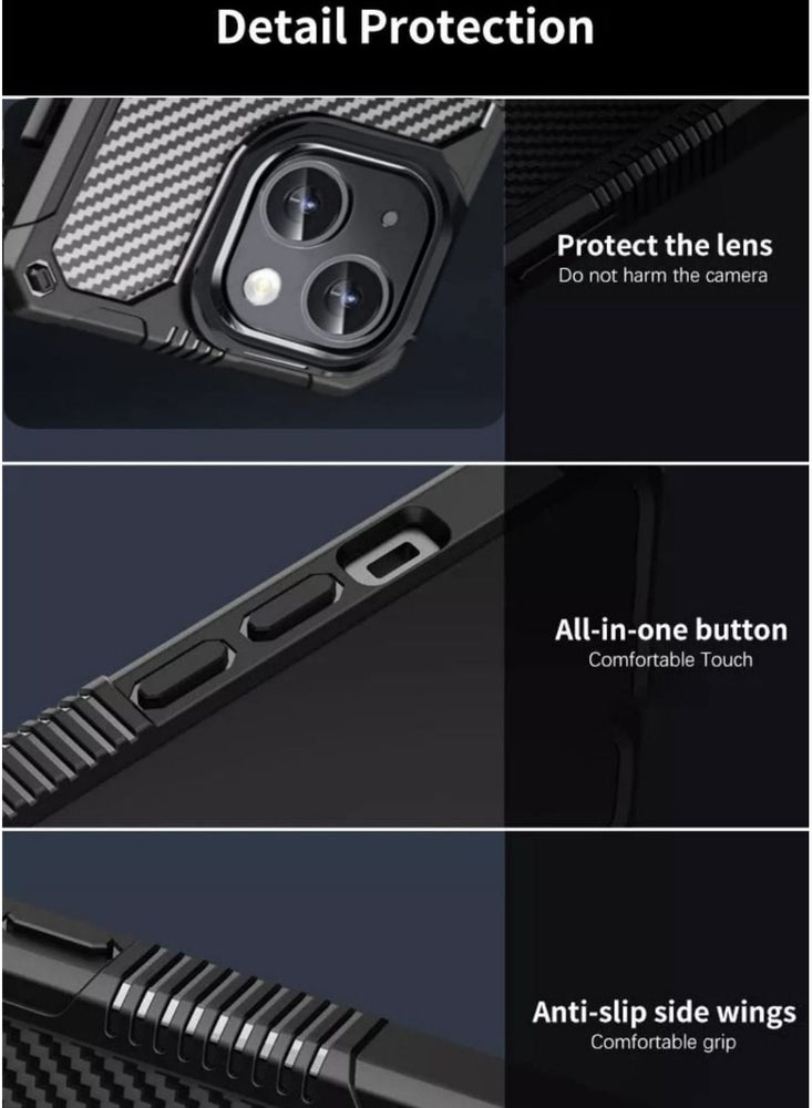 iPhone 14 Case 6.1 inch Military Hard Anti-Explosion Back Ultra Thin Carbon Fibre Case Anti-Drop Shockproof Protection Anti-Scratch Compatible with iPhone 14 Clear Black Cover Black