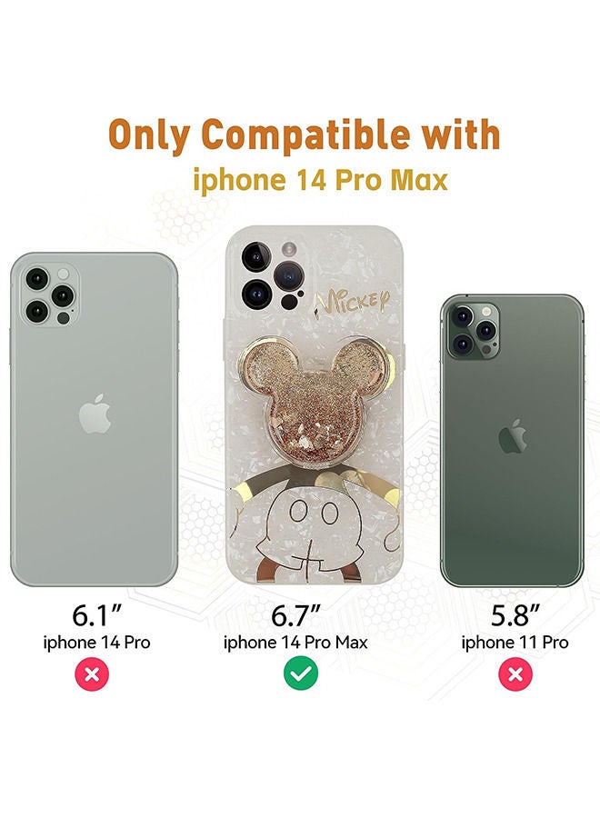 Compatible with iPhone 14 Pro Max Cartoon Case, Mickey Mouse with Quicksand Cell Phone Holder Strap Soft TPU Shockproof Protective White