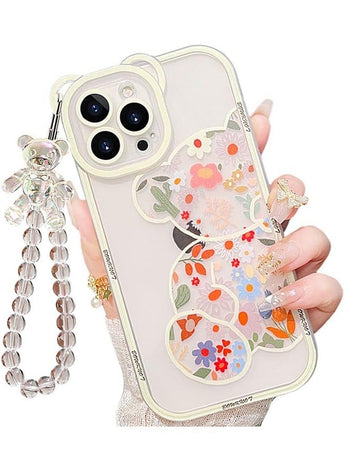 Compatible with iPhone 15 Pro Max Case, Cute Flowers Bear Camera Protector Clear Case Cover with Lovely Strap Bracelet Chain Girls Women Case for iPhone 15 Pro Max