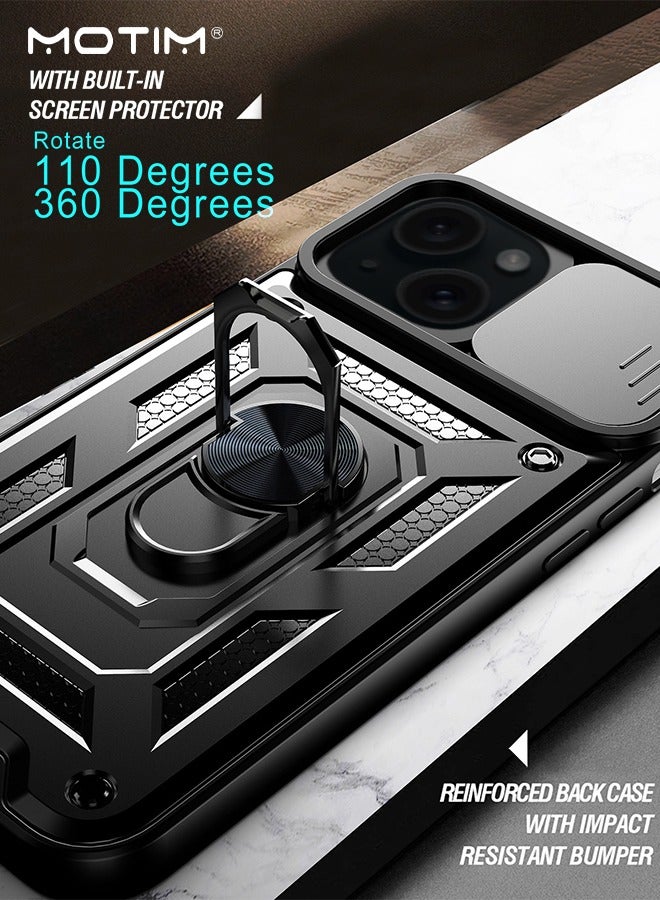 Kickstand Case for iPhone 15, iPhone 15 Case with Slide Lens Cover & Built-in 360° Rotate Ring Stand Magnetic Magnet Protective Phone Cover Case for iPhone 15 6.1 inch 2023