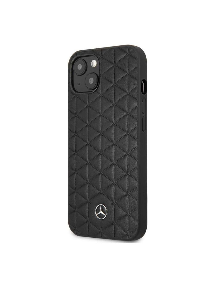 Mercedes Benz iPhone 13 Genuine Leather Hard Case Quilted Mini Stars Pattern And Embossed Lines Metal Star Logo, Anti-Scratch & Easy Access to All Ports - Black