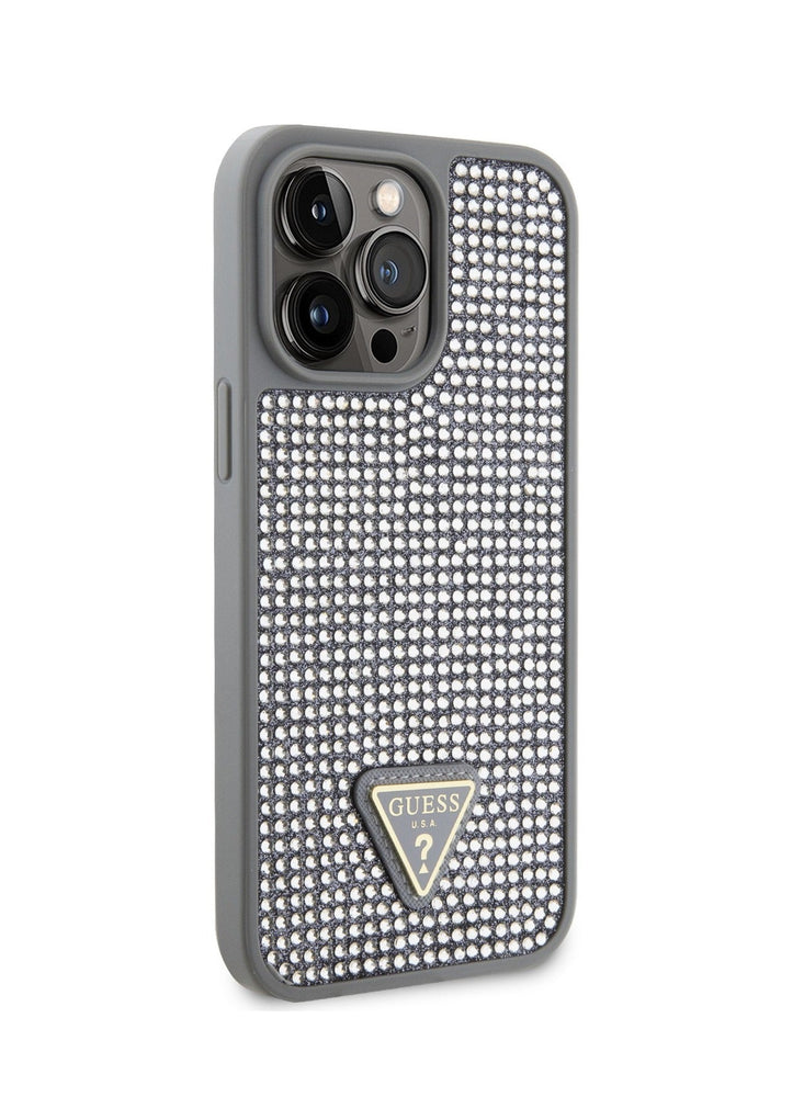 Guess Rhinestone Case with Triangle Logo for iPhone 15 Promax - Silver