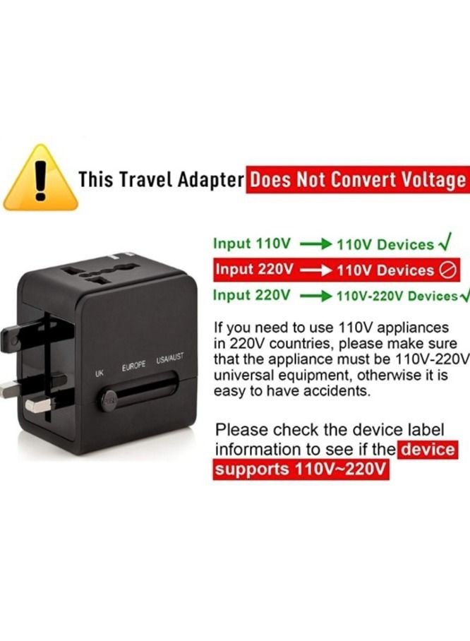 All In One Worldwide Travel Adapter with Two USB Charging Ports Black