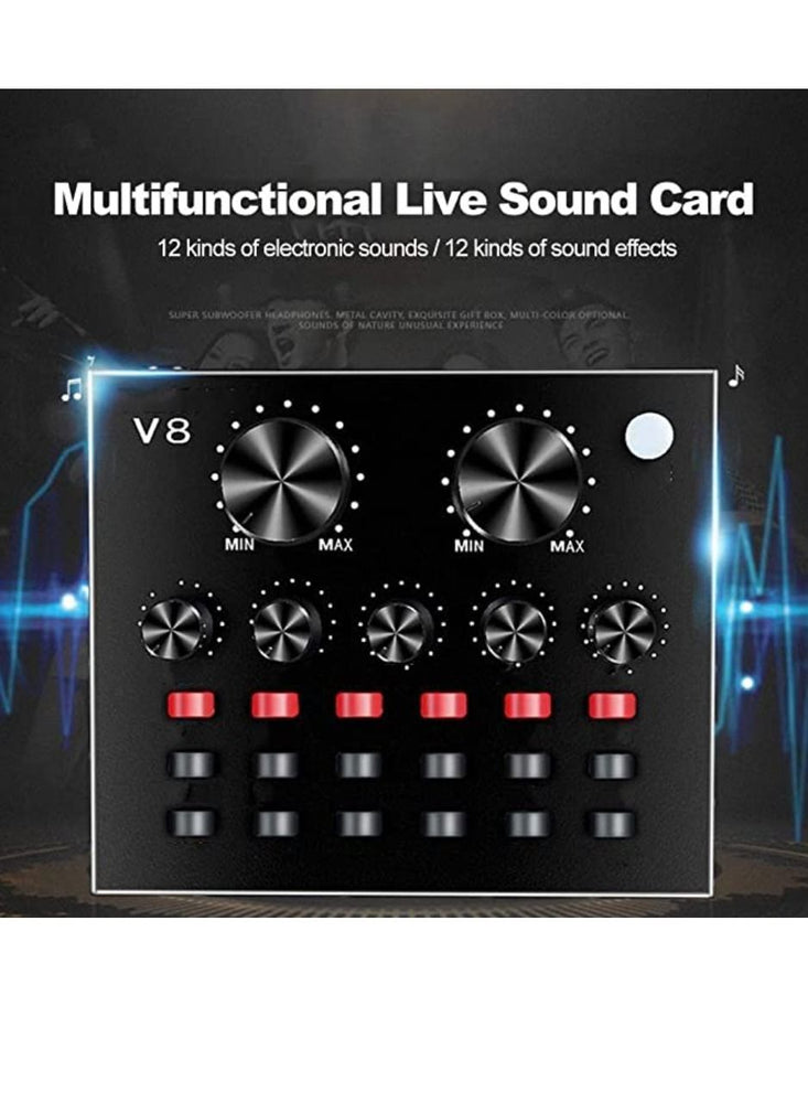 V8 Multifunctional Live Sound Card USB Audio Interface Intelligent Volume Adjustable Audio Mixer Sound Card for Recording Hosting Speech