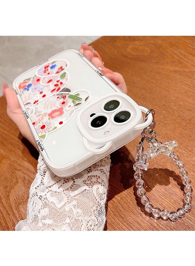 Compatible with iPhone 15 Pro Max Case, Cute Flowers Bear Camera Protector Clear Case Cover with Lovely Strap Bracelet Chain Girls Women Case for iPhone 15 Pro Max