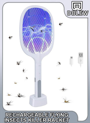 2 In 1 Handheld Electric Fly Swatter Mosquito Killer Bat Mosquitoes Lamp Racket USB Rechargeable Bug Zapper with Grid 3-Layer Mesh for Home and Outdoor Pest Control