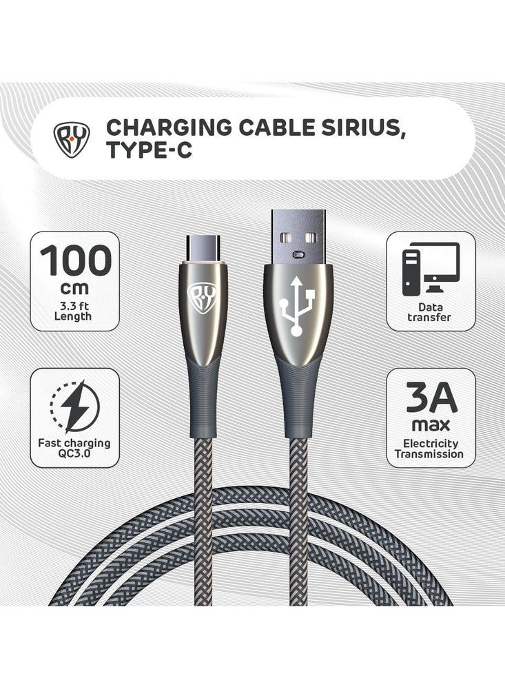 USB C Cable 1M 3A Fast Charging Cable QC3.0 Type C USB Data Transfer Metal Glossy Plug with LED and Strong Cevlar Braid Grey Colour