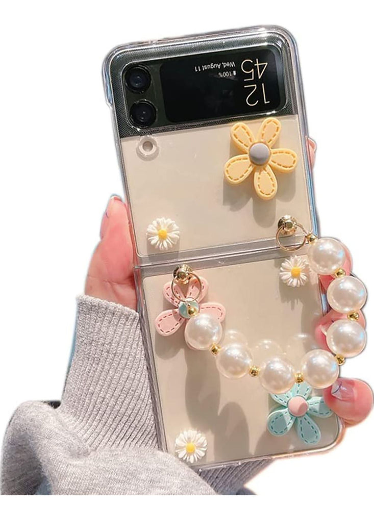 Cute Case for Samsung Galaxy Z Flip 4 with Strap, Fashion Flower Case for Galaxy Z Flip 4 5G Protective Girls Case with Pearl Chain, Hard PC Case for Z Flip 4 Clear Case with Lanyard