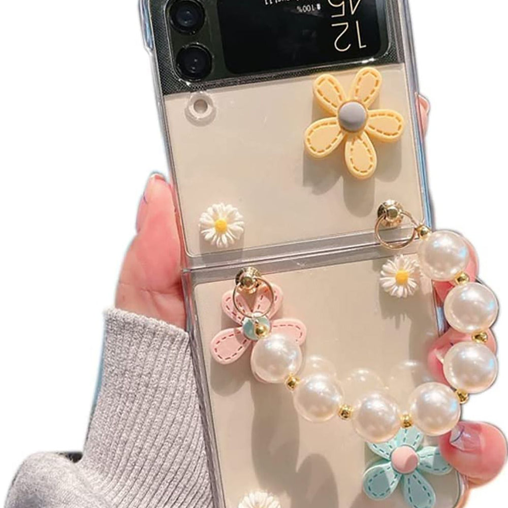 Cute Case for Samsung Galaxy Z Flip 4 with Strap, Fashion Flower Case for Galaxy Z Flip 4 5G Protective Girls Case with Pearl Chain, Hard PC Case for Z Flip 4 Clear Case with Lanyard