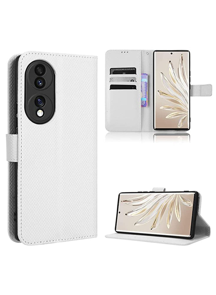 Honor 70 5G Case Cove with Anti-loss Strap flip Wallet case Advanced PU Leather Bracket Card Slot Holder TPU Shockproof Protective Protector White