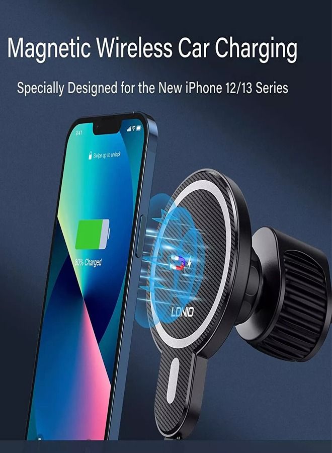 Compatible for Mag-Safe car charger fast charge, LDNIO Strong Magnetic car phone holder wireless charger, Hands Free Car Phone Holder for iPhone 14/13 /12 and Mag-Safe Case