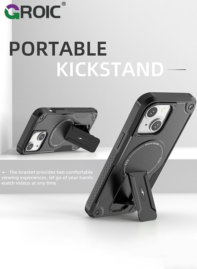 Case for iPhone 15 6.1 Inch Case with 1 Pack Camera Lens Protector, Built-in Stand [Compatible with MagSafe] Shockproof Vertical and Horizontal Kickstand Phone Case for iPhone 15