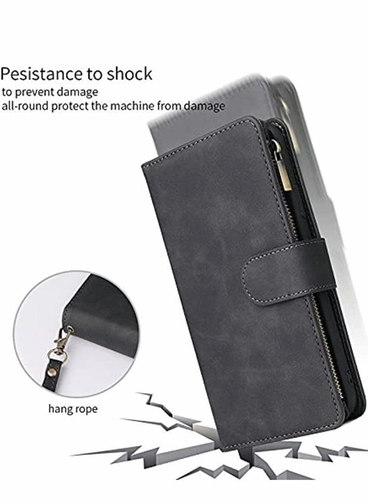 Case for Samsung S21 FE 5G Wallet Case with Card Slot Premium Soft PU Leather Zipper Flip Folio Wallet with Wrist Strap Kickstand Protective for Samsung Galaxy S21 FE Case 6.4 inch Black