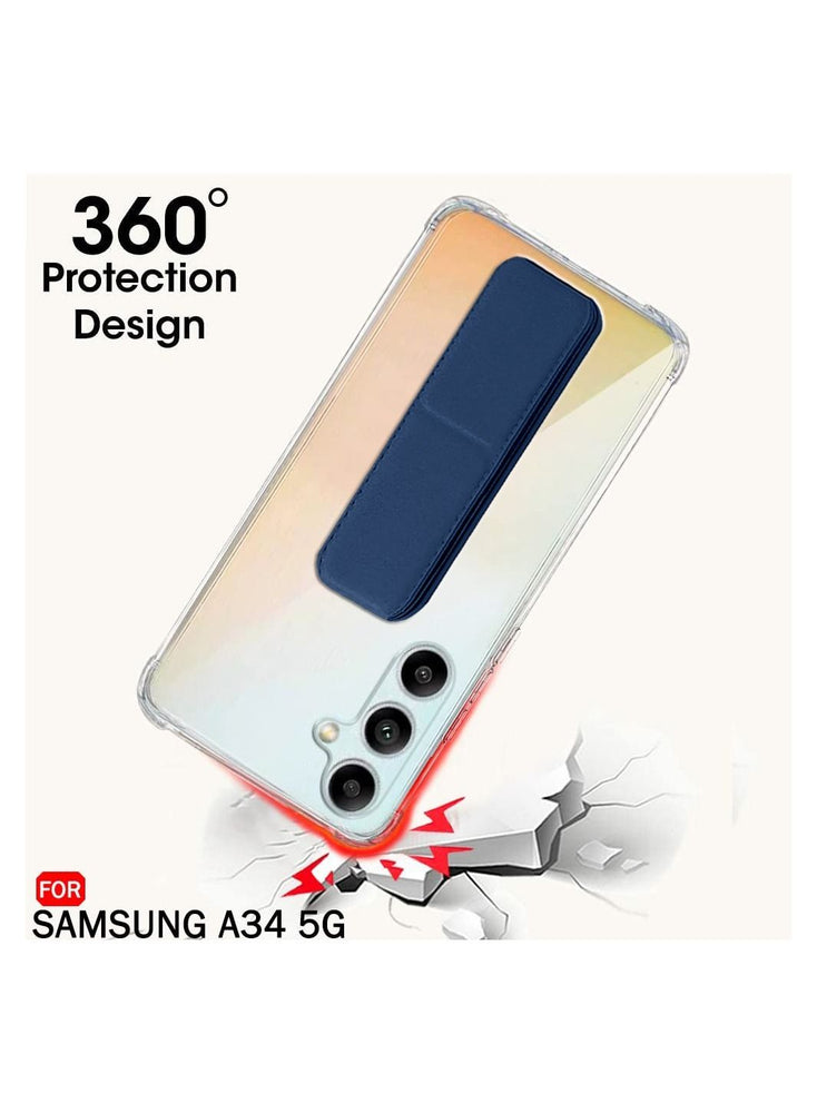 Shockproof Airbag Hand Grip Case Cover With Built-In Iron Piece Magnetic Holder For Samsung Galaxy A34 5G 2023 Clear/Navy Blue