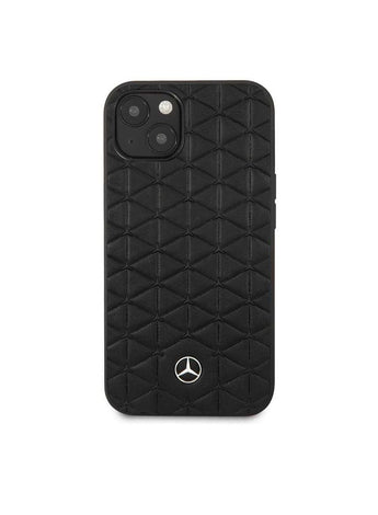 Mercedes Benz iPhone 13 Genuine Leather Hard Case Quilted Mini Stars Pattern And Embossed Lines Metal Star Logo, Anti-Scratch & Easy Access to All Ports - Black