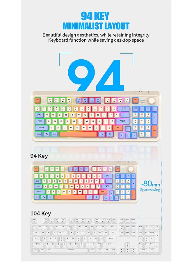 94-Key Wired Keyboard - Membrane Keyboard - Gaming Keyboard - Office Keyboard - Built-in Volume Adjustment Knob - RGB Light Effect - Computer Keyboard