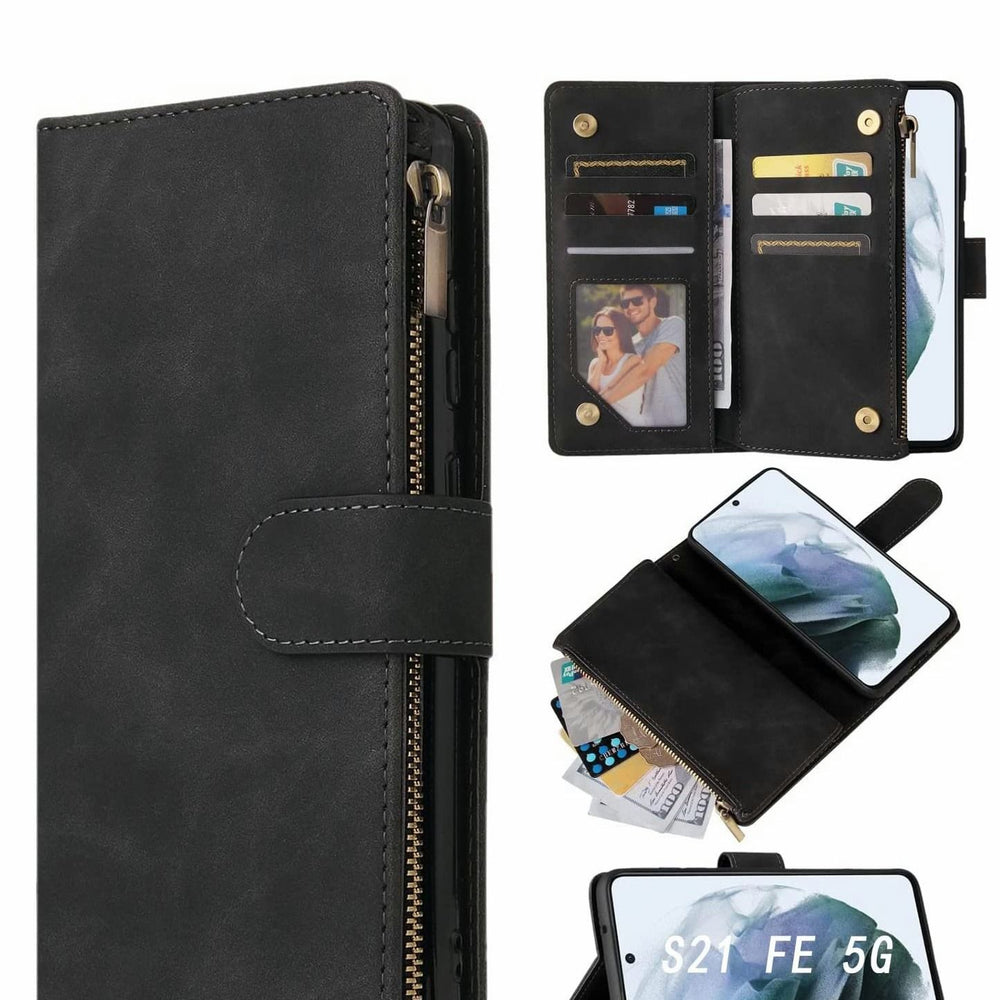 Case for Samsung S21 FE 5G Wallet Case with Card Slot Premium Soft PU Leather Zipper Flip Folio Wallet with Wrist Strap Kickstand Protective for Samsung Galaxy S21 FE Case 6.4 inch Black