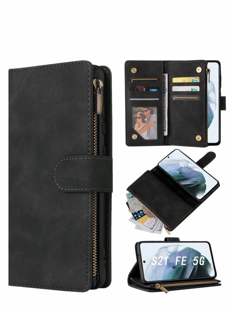 Case for Samsung S21 FE 5G Wallet Case with Card Slot Premium Soft PU Leather Zipper Flip Folio Wallet with Wrist Strap Kickstand Protective for Samsung Galaxy S21 FE Case 6.4 inch Black