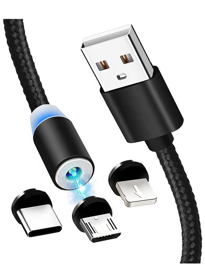 3-In-1 Magnetic Circular Fast Data Sync And Fast Charging Cable With Indicator Light 1m Black