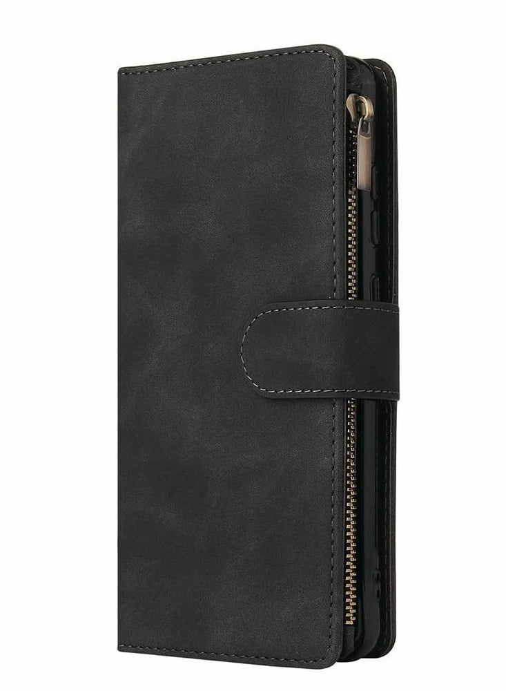 Case for Samsung S21 FE 5G Wallet Case with Card Slot Premium Soft PU Leather Zipper Flip Folio Wallet with Wrist Strap Kickstand Protective for Samsung Galaxy S21 FE Case 6.4 inch Black