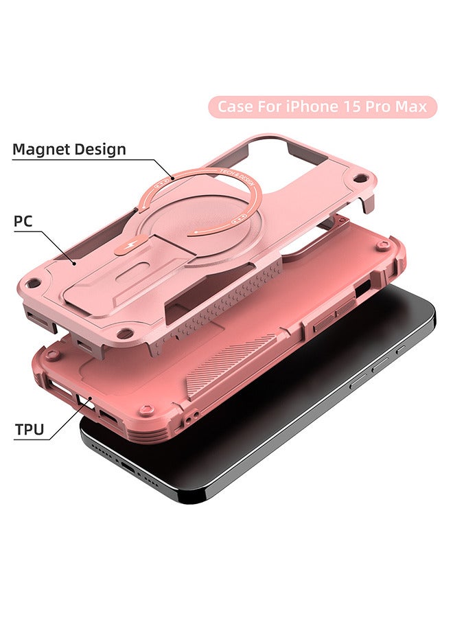 Case For iPhone15 Pro Max Case, Built-in Stand Compatible With MagSafe Military Grade Shockproof Vertical And Horizontal Kickstand Phone Case For iPhone 15 Pro Max - Pink