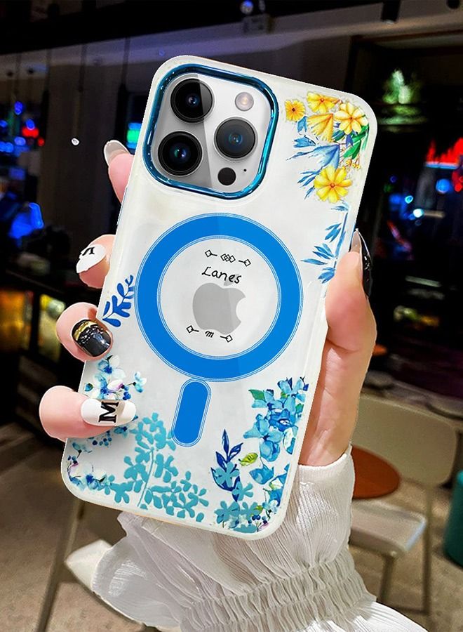 Case for Apple iPhone 14 PRO Romantique Floral Design Fashion Flower Compatible with MagSafe & Wireless Charging Cover BLUE