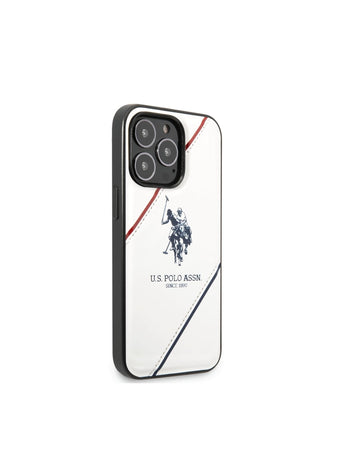 USPA iPhone 14 Pro Max PU Leather Case With Embossed Double Line & Horse Logo, Full Protection, Easy Snap-On & Slim Profile - White